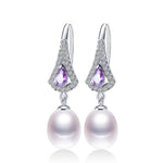 Exquisite Design Natural Freshwater Pearl with Purple Austrian Crystal Drop Earrings - eDirect Dreams