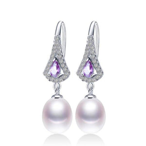 Exquisite Design Natural Freshwater Pearl with Purple Austrian Crystal Drop Earrings - eDirect Dreams 
